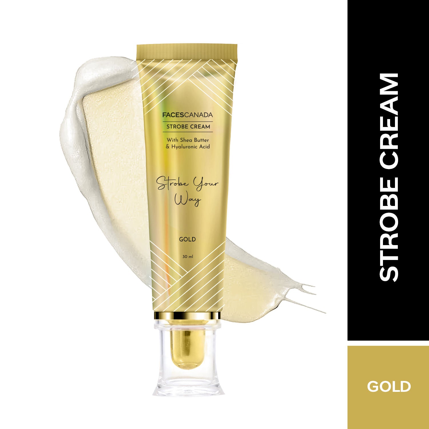 Faces Canada Strobe Cream, Gold - Primer + Highlighter + Moisturizer With Hyaluronic Acid (30ml)