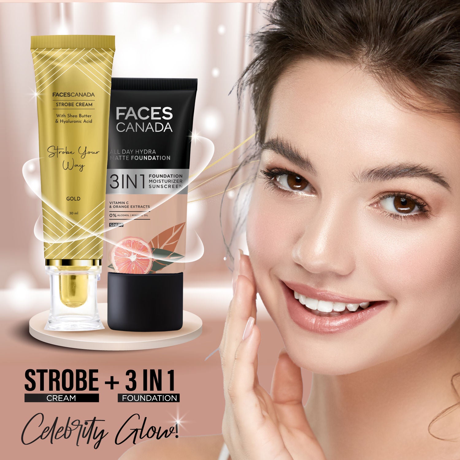 Faces Canada Strobe Cream, Gold - Primer + Highlighter + Moisturizer With Hyaluronic Acid (30ml)