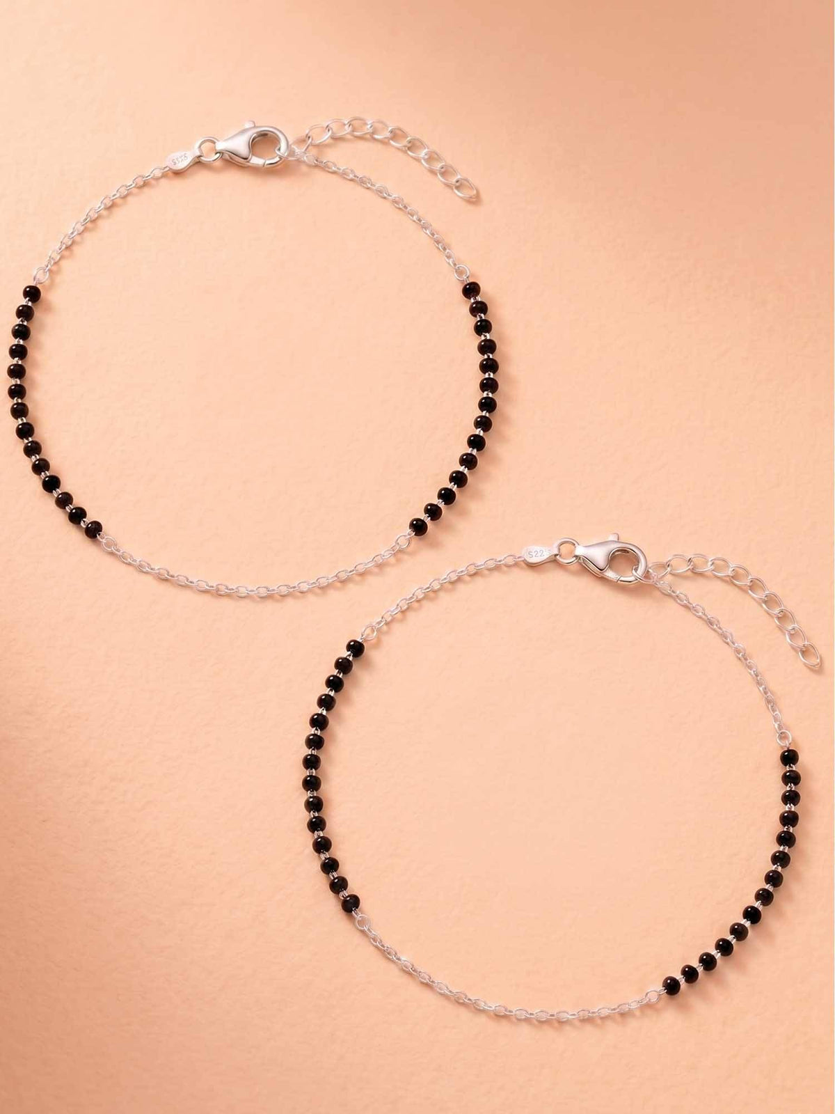 925 SILLER 925 Pure Silver Celeste Midnight Beaded Anklet Set (Pack of 2)