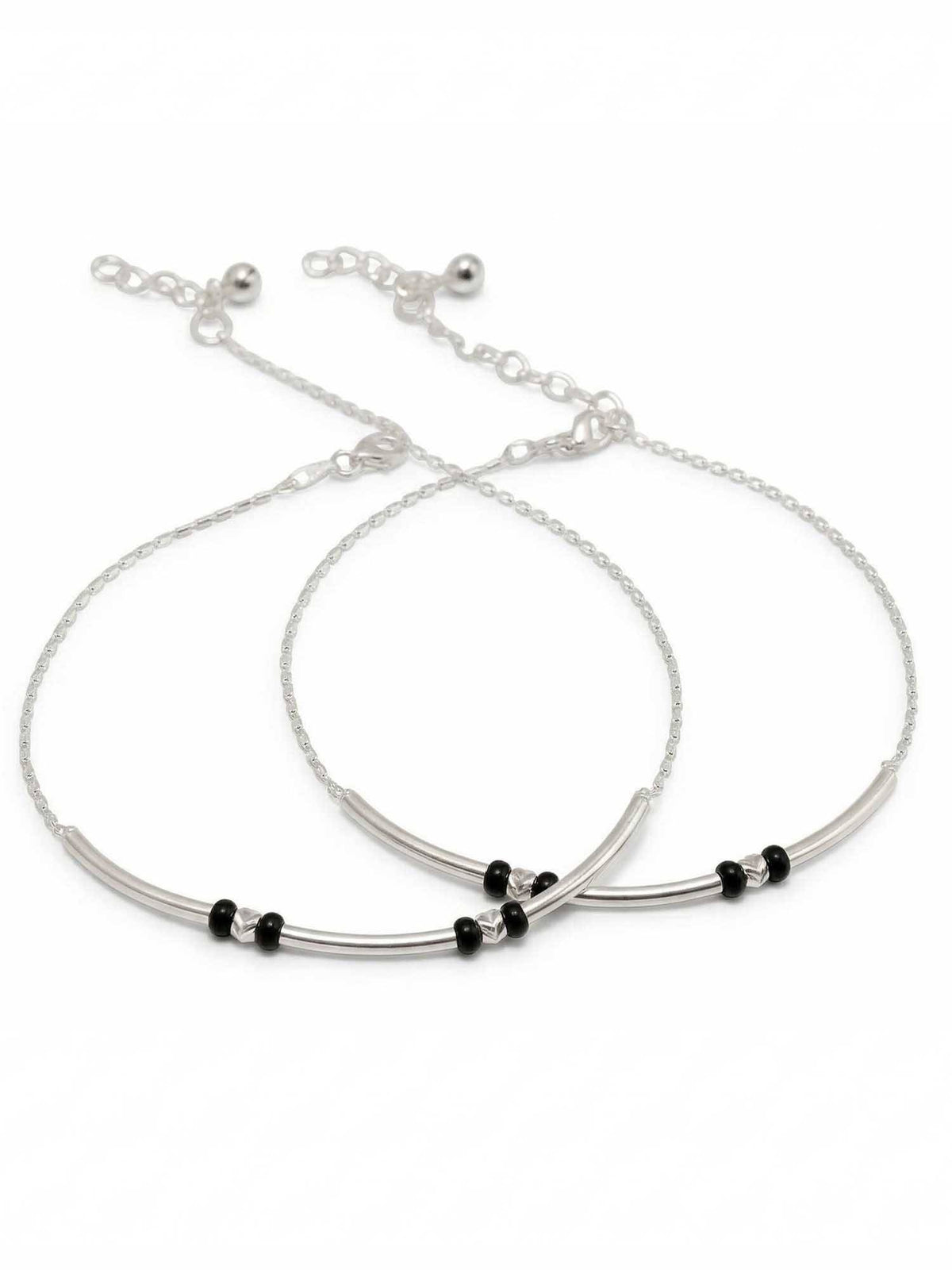 925 SILLER 925 Pure Silver The Zenith Curved Bar and Black Bead Silver Anklet Duo (Pack of 2)