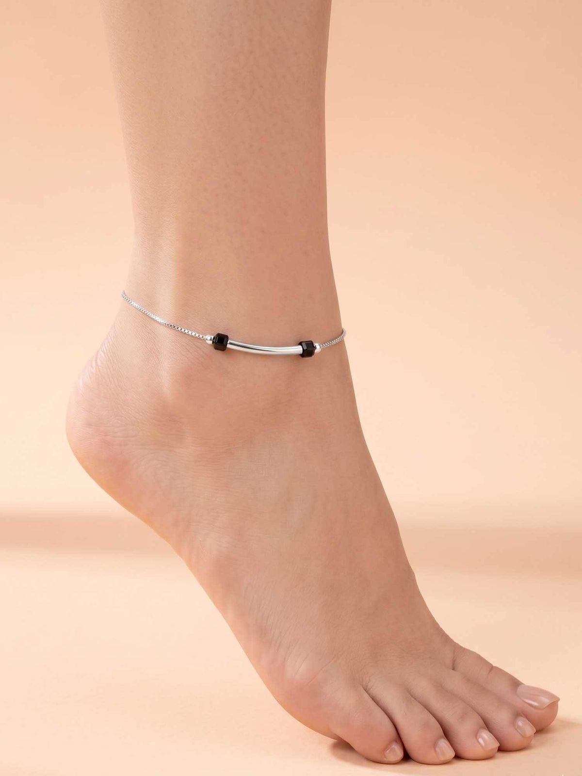 925 SILLER 925 Pure Silver The Sleek Horizon Silver and Black Bead Box Chain Anklet Duo (Pack of 2)