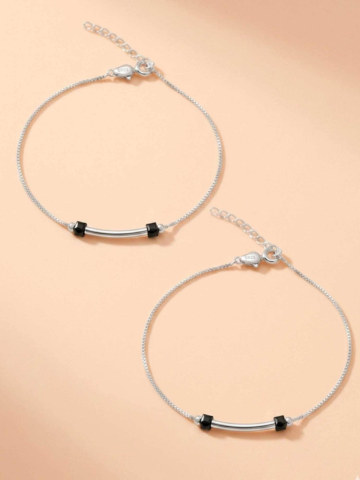 925 SILLER 925 Pure Silver The Sleek Horizon Silver and Black Bead Box Chain Anklet Duo (Pack of 2)