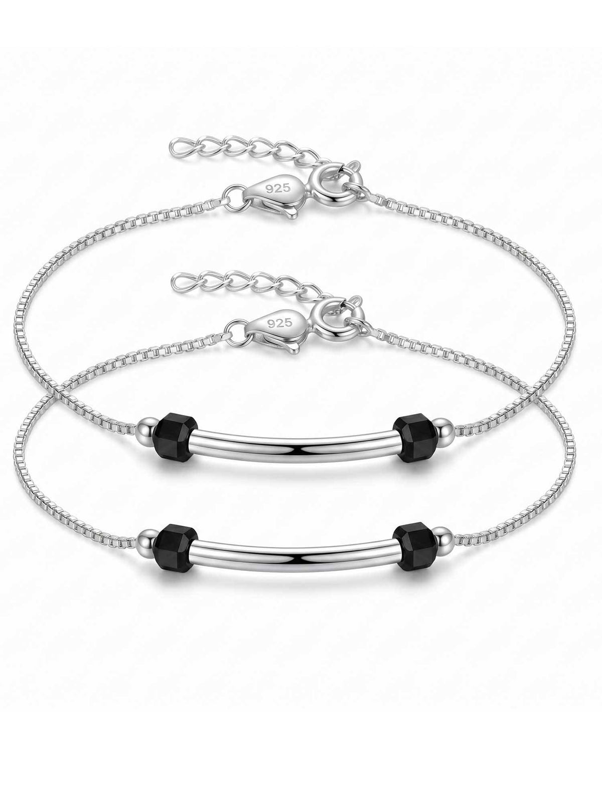 925 SILLER 925 Pure Silver The Sleek Horizon Silver and Black Bead Box Chain Anklet Duo (Pack of 2)