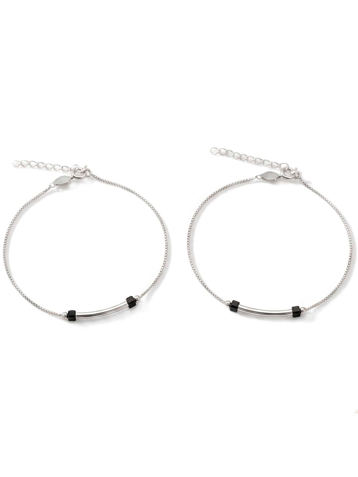 925 SILLER 925 Pure Silver The Sleek Horizon Silver and Black Bead Box Chain Anklet Duo (Pack of 2)