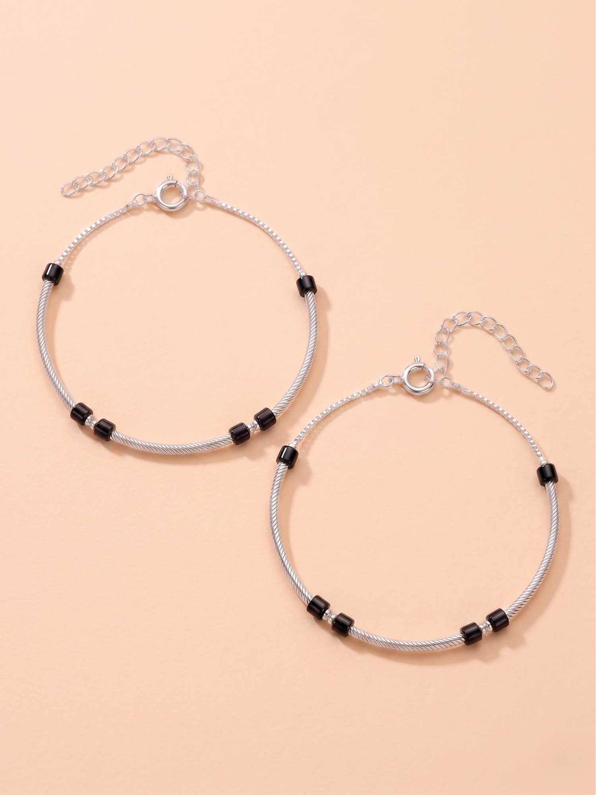 925 SILLER 925 Pure Silver The Eclipse Twisted Silver and Black Bead Anklet Duo (Pack of 2)