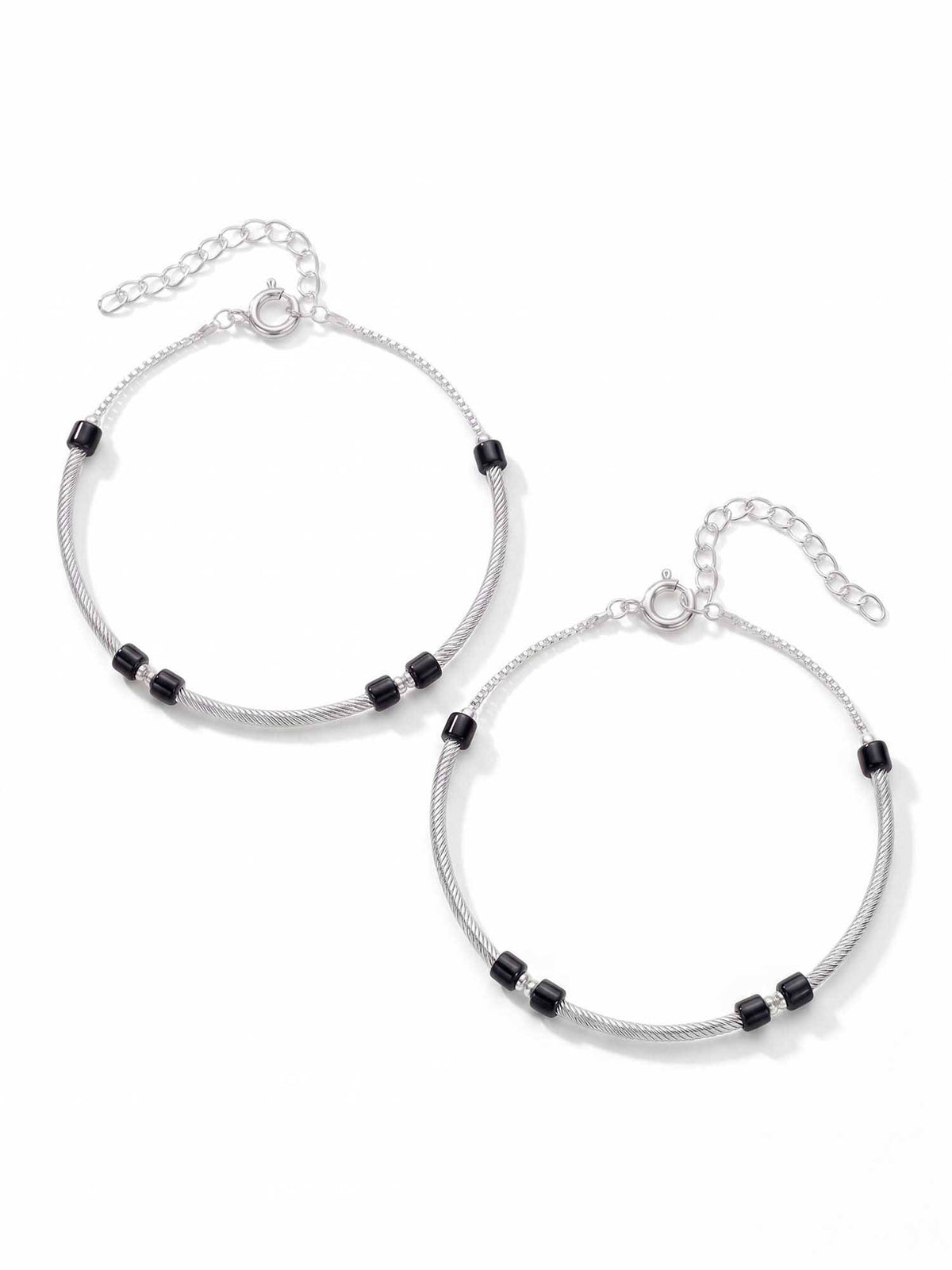 925 SILLER 925 Pure Silver The Eclipse Twisted Silver and Black Bead Anklet Duo (Pack of 2)