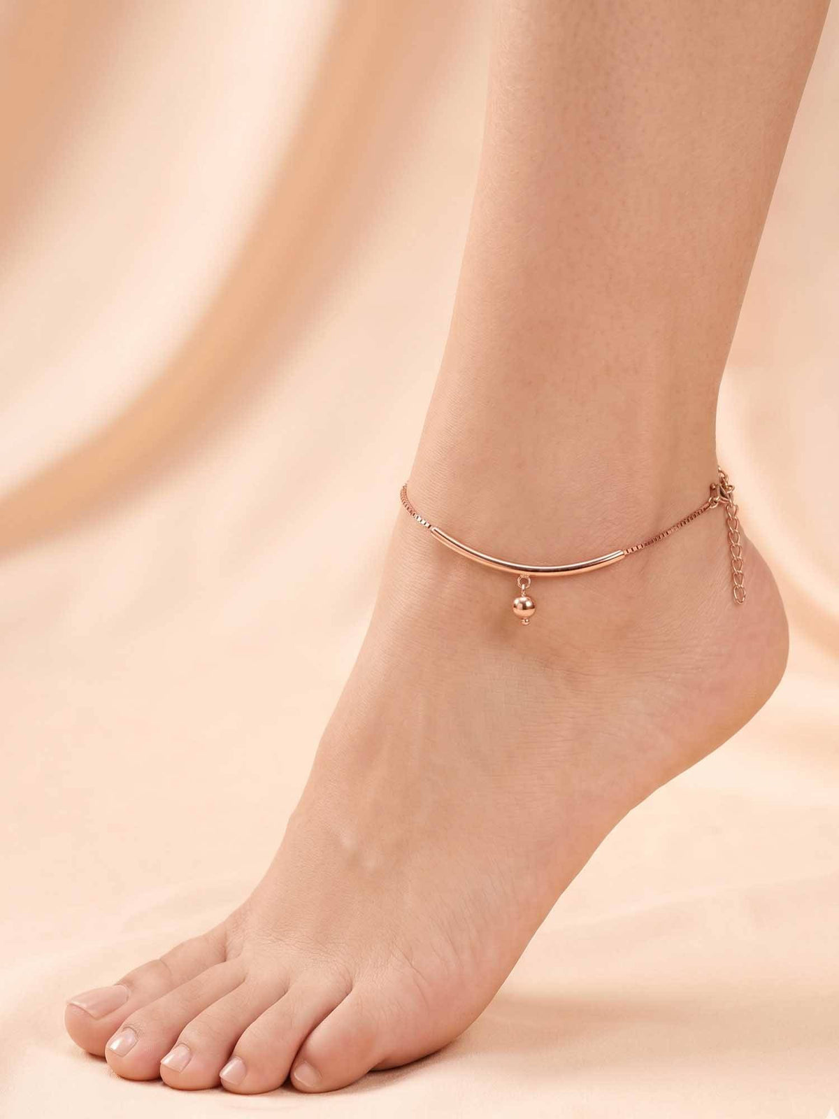 925 SILLER 925 Pure Silver The Aurora Rose Gold Curved Bar and Charm Anklet