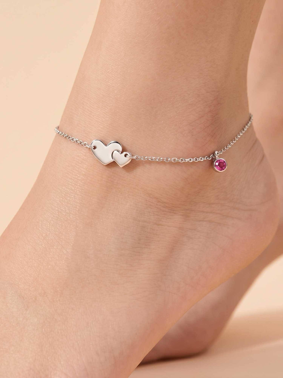 925 SILLER 925 Pure Silver The Amour Bond Double Heart and Amethyst-Hued Silver Anklet · One Size