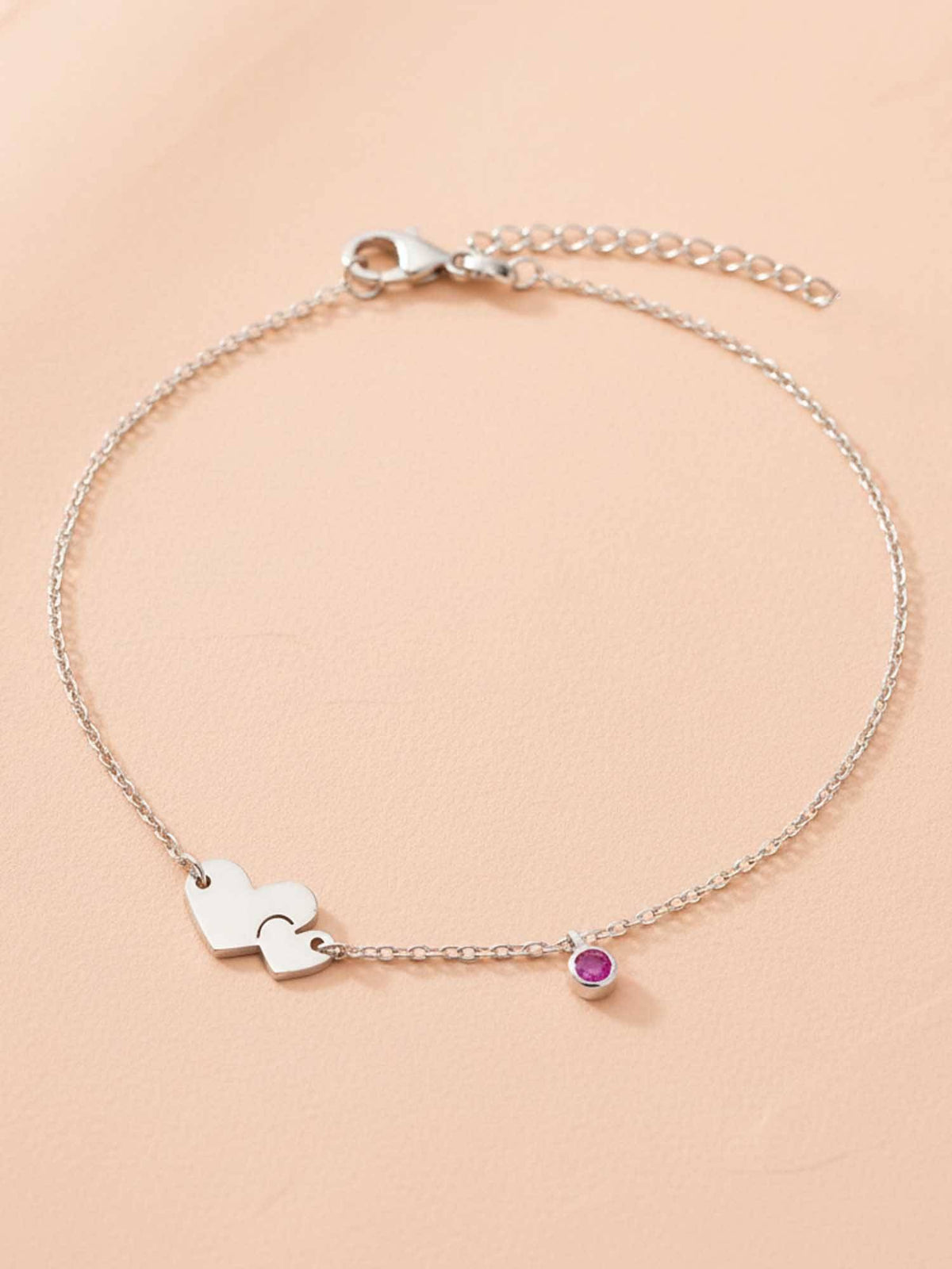 925 SILLER 925 Pure Silver The Amour Bond Double Heart and Amethyst-Hued Silver Anklet