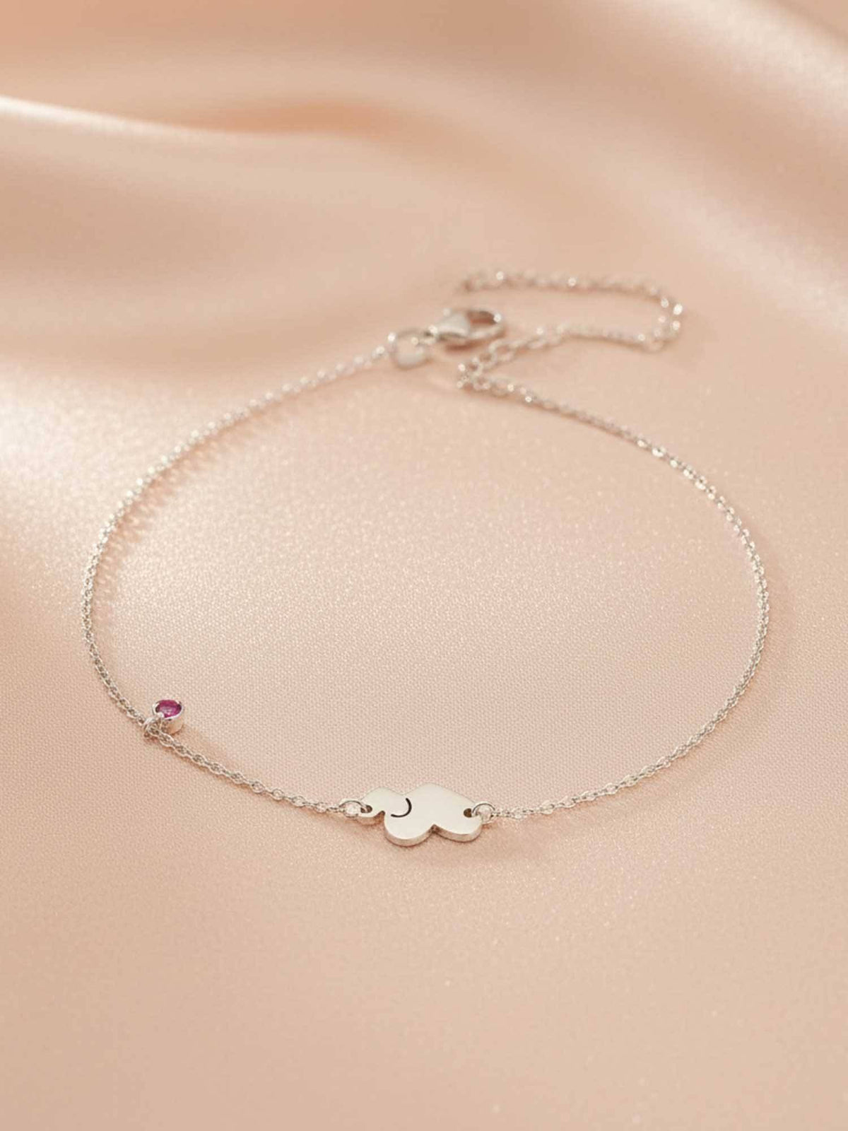 925 SILLER 925 Pure Silver The Amour Bond Double Heart and Amethyst-Hued Silver Anklet