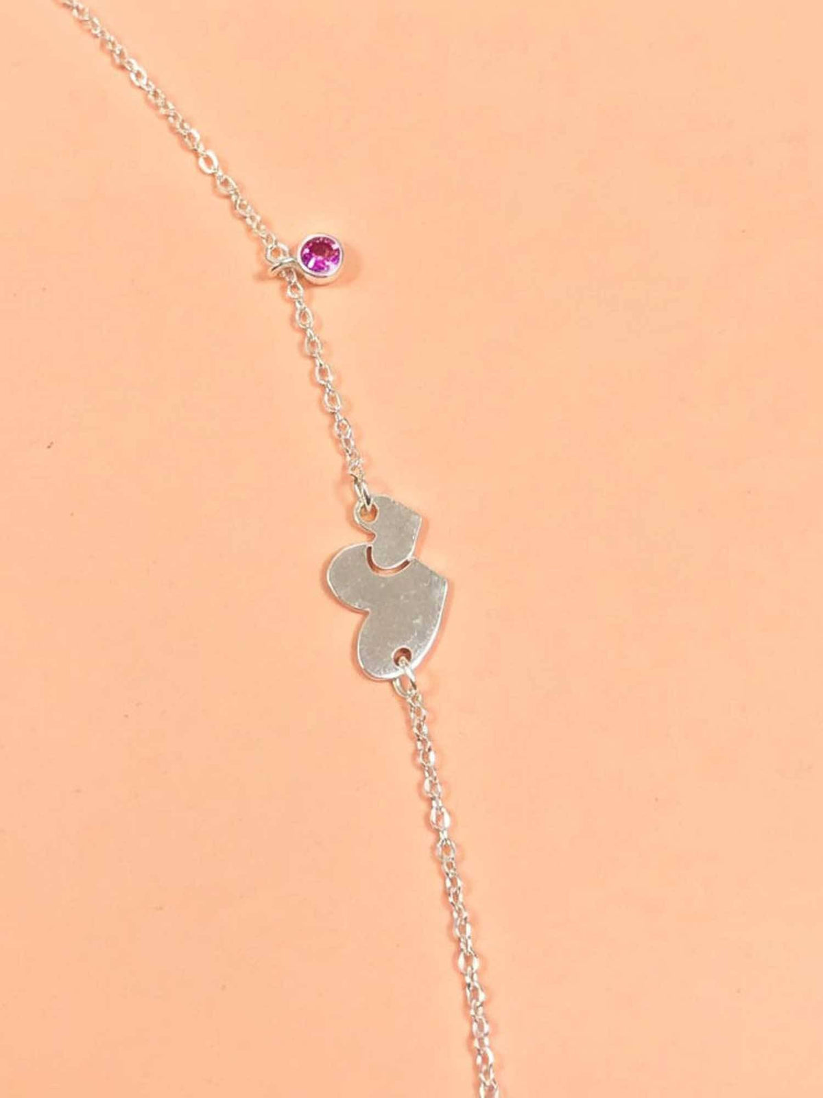925 SILLER 925 Pure Silver The Amour Bond Double Heart and Amethyst-Hued Silver Anklet