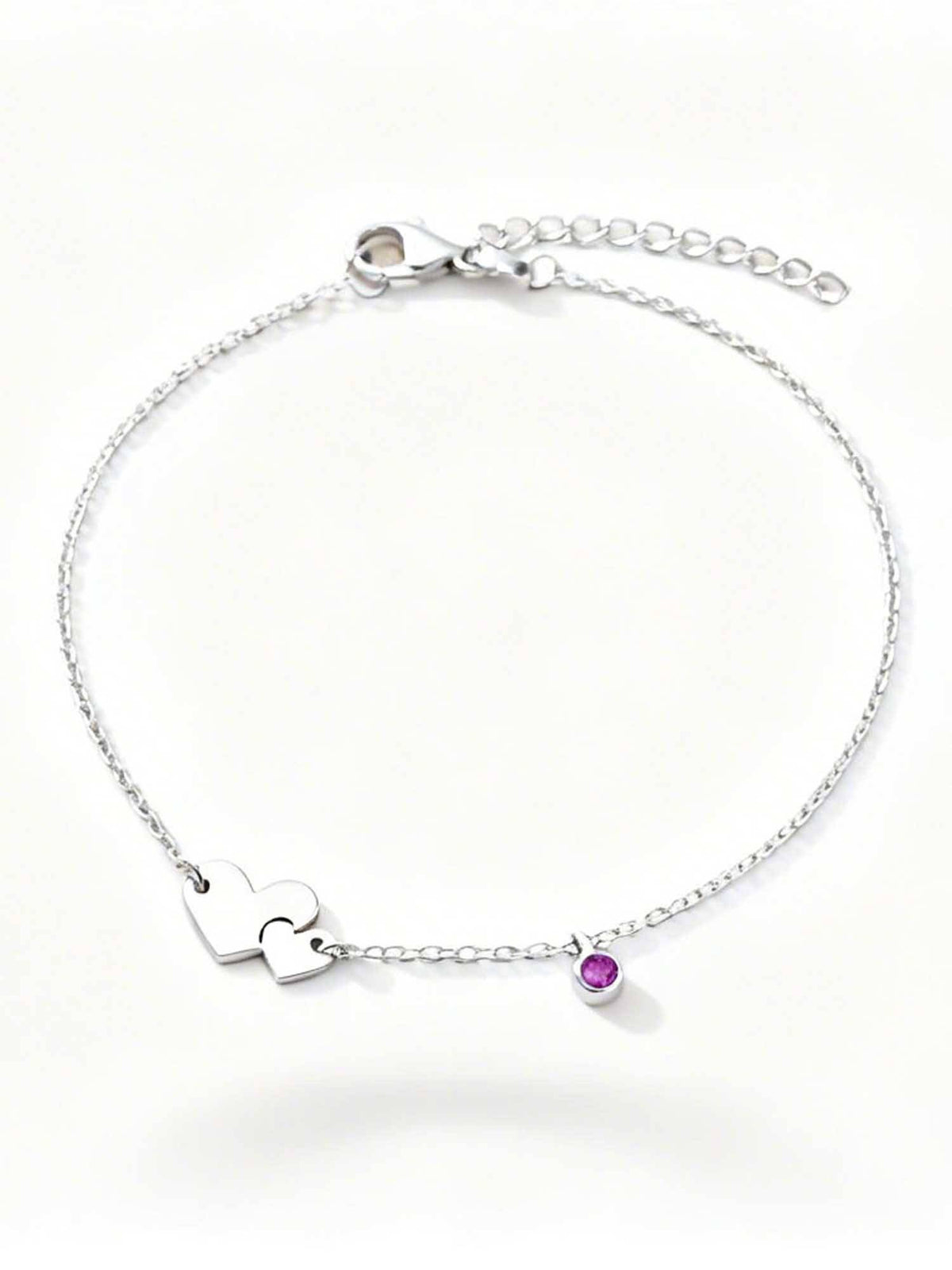 925 SILLER 925 Pure Silver The Amour Bond Double Heart and Amethyst-Hued Silver Anklet