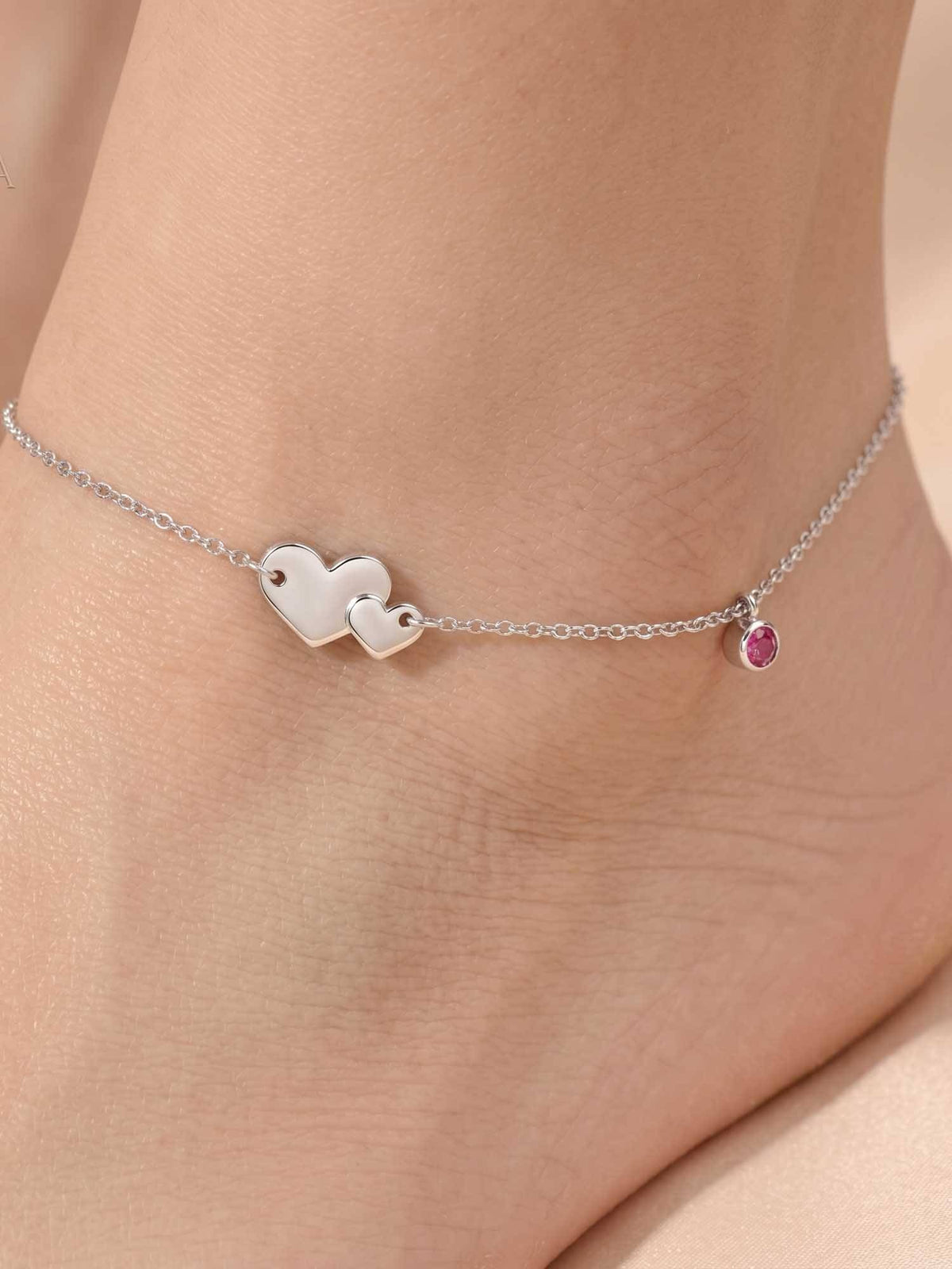 925 SILLER The Amour Bond Double Heart & Pink Sapphire-Hued Silver Anklet (Pack of 2)