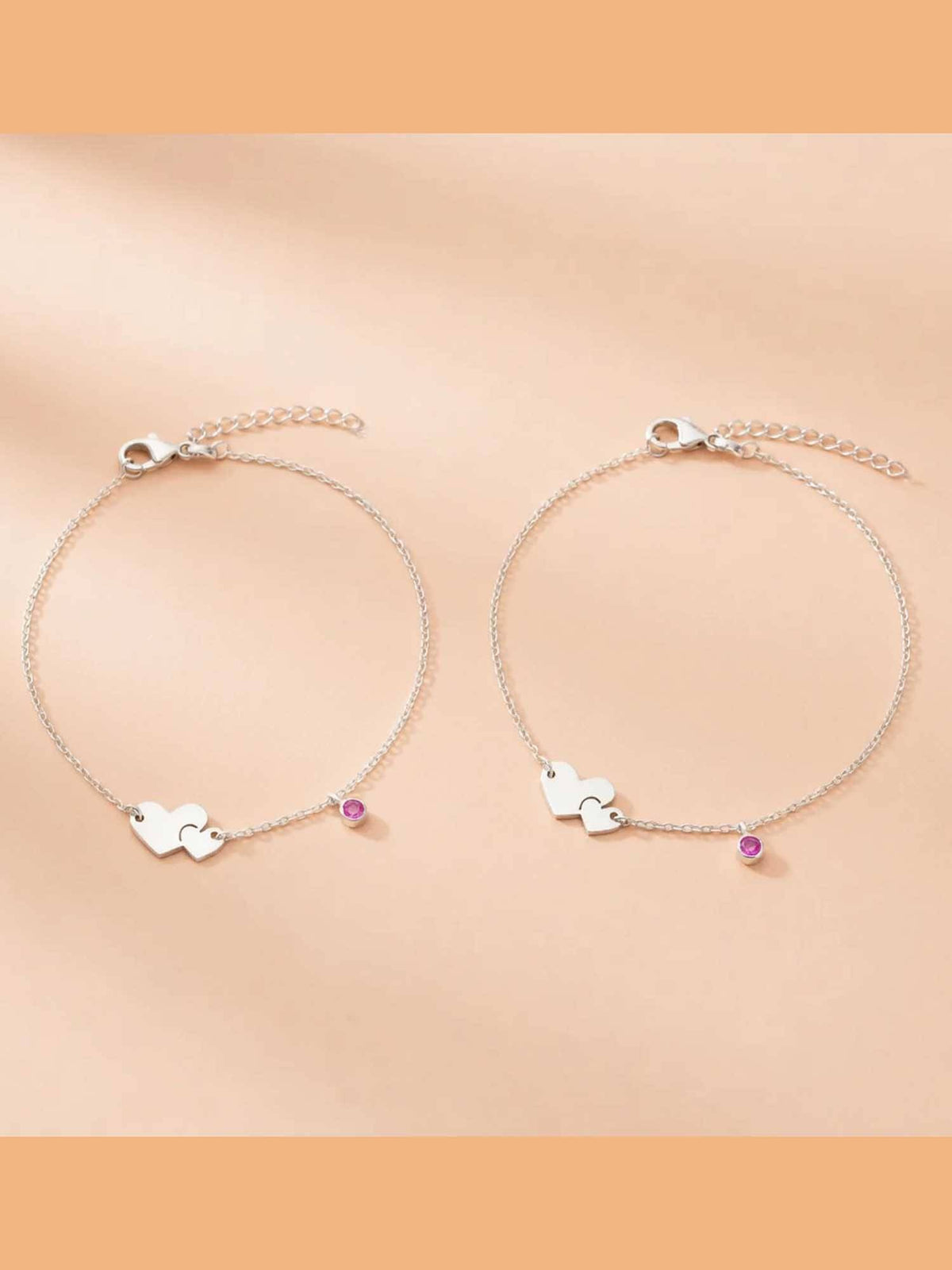 925 SILLER The Amour Bond Double Heart & Pink Sapphire-Hued Silver Anklet (Pack of 2)