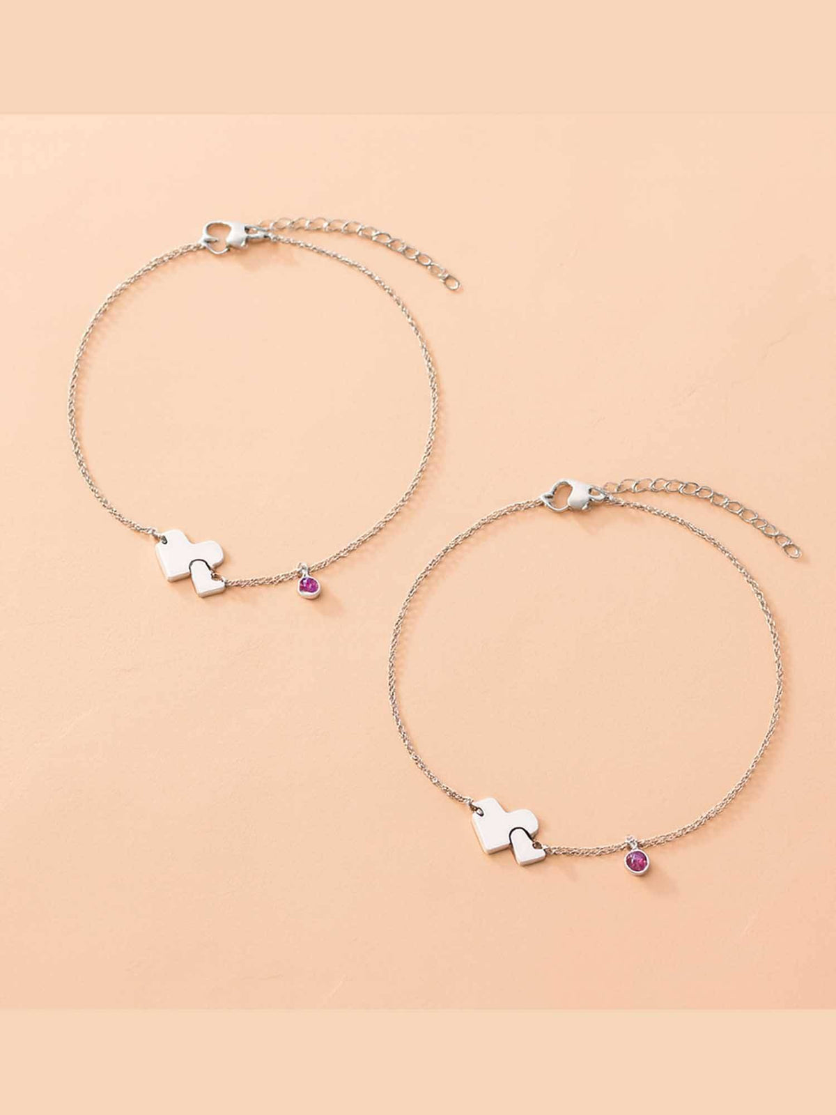 925 SILLER The Amour Bond Double Heart & Pink Sapphire-Hued Silver Anklet (Pack of 2)