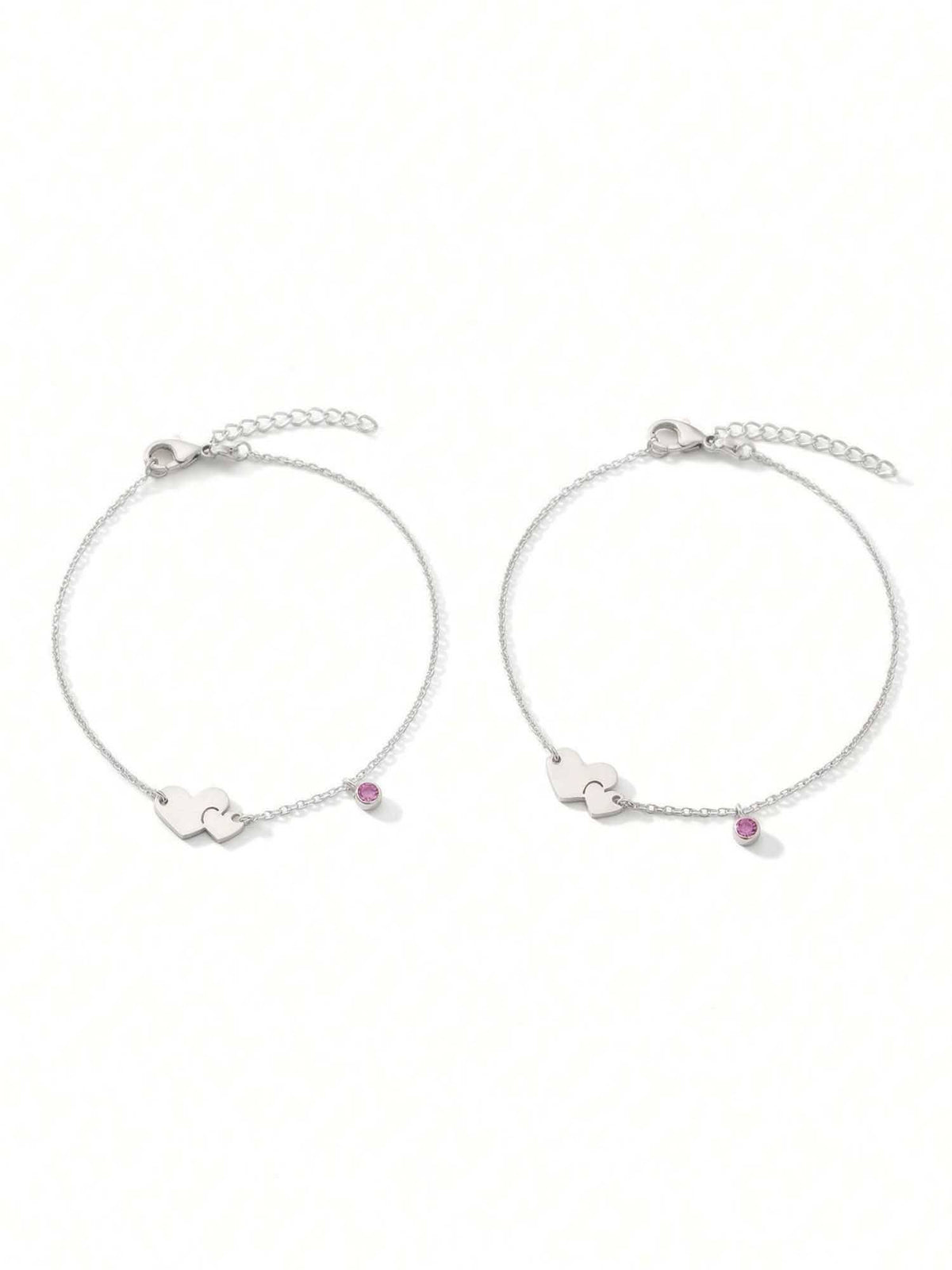925 SILLER The Amour Bond Double Heart & Pink Sapphire-Hued Silver Anklet (Pack of 2)