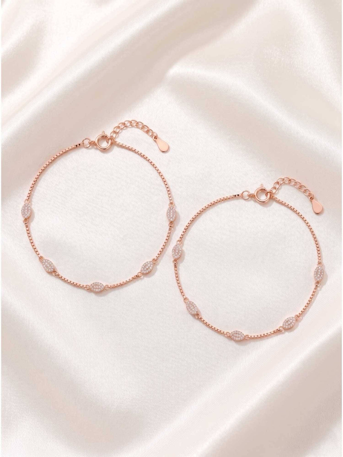 925 SILLER 925 Pure Silver The Lumina Pave Oval Anklet Duo In Rose Gold (Pack of 2)