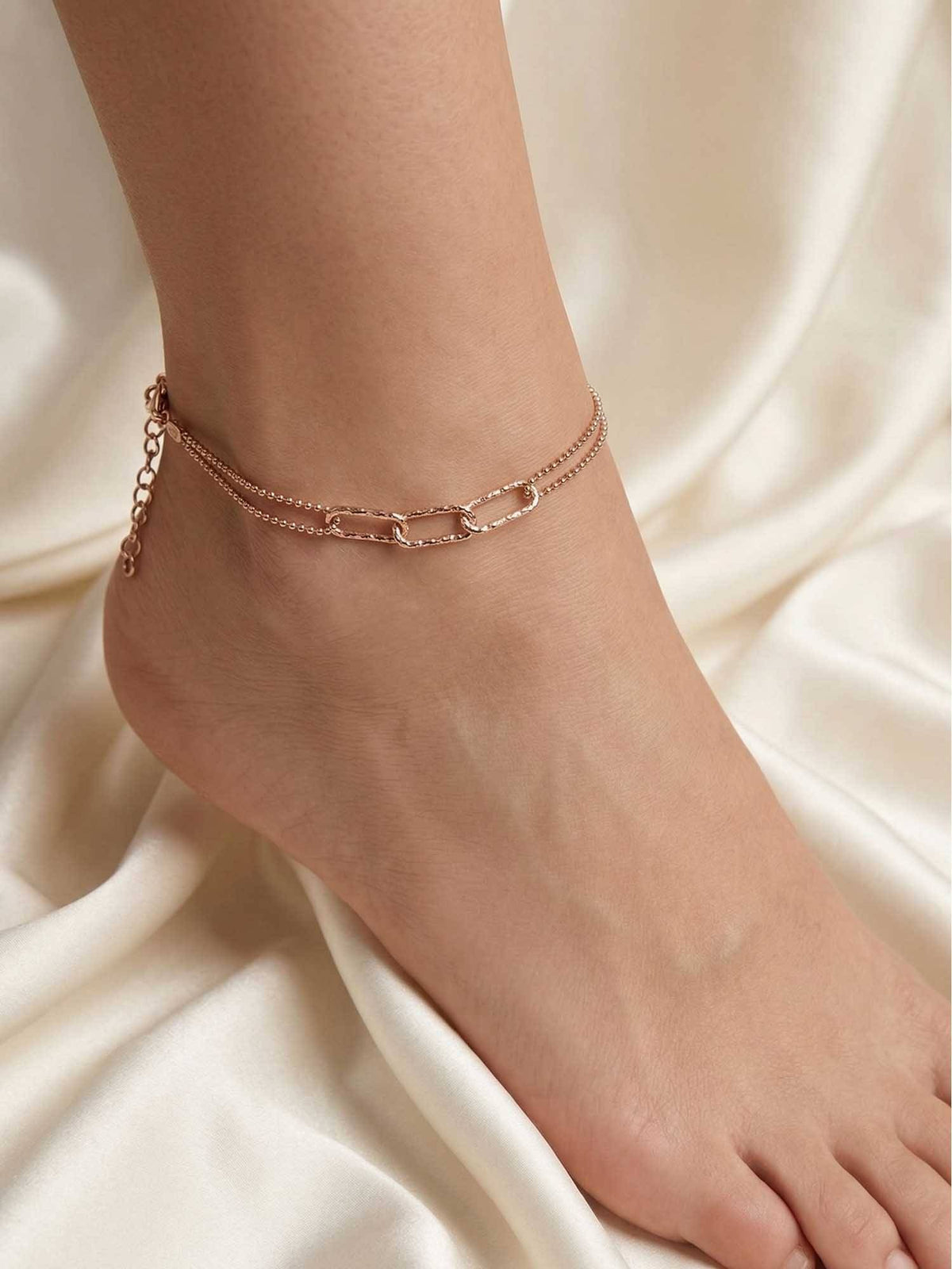 925 SILLER 925 Pure Silver Textured Link and Layered Bead Anklet