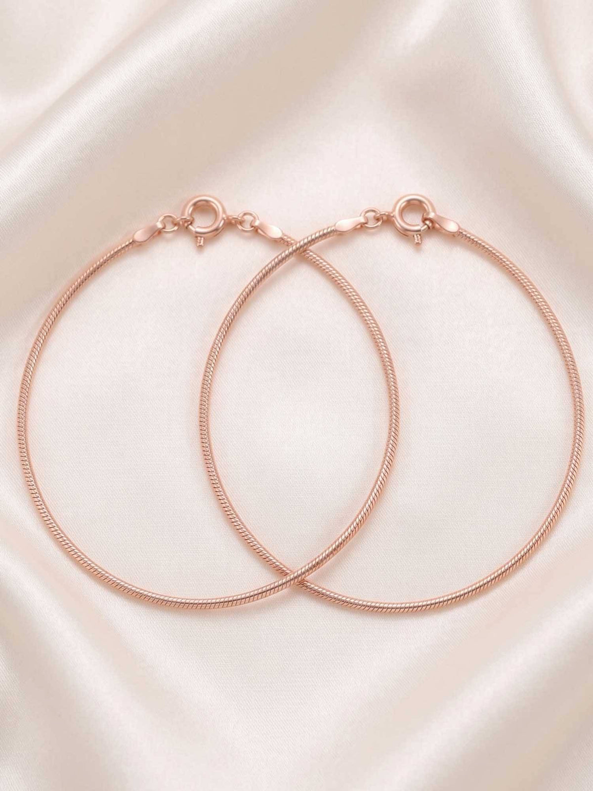925 SILLER 925 Pure Silver Twin Rose Gold Serpentine Anklet Set (Pack of 2)