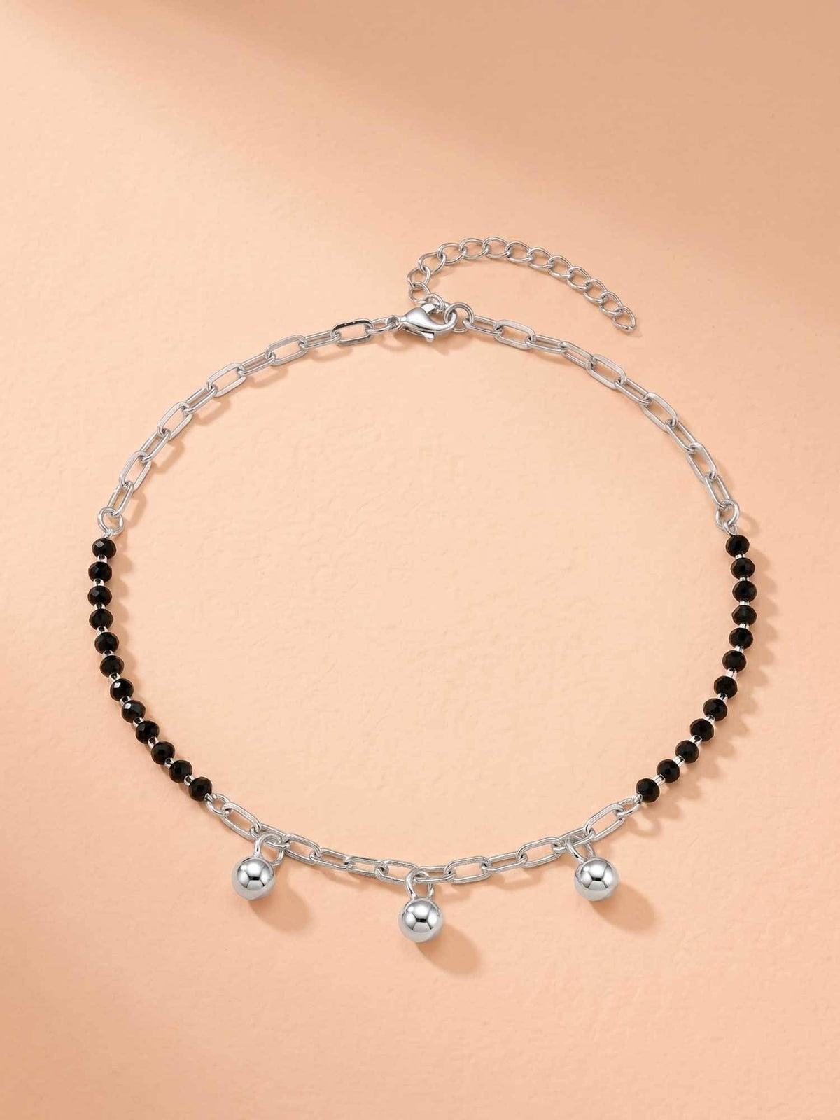 925 SILLER 925 Pure Silver Black Bead and Paperclip Chain Anklet