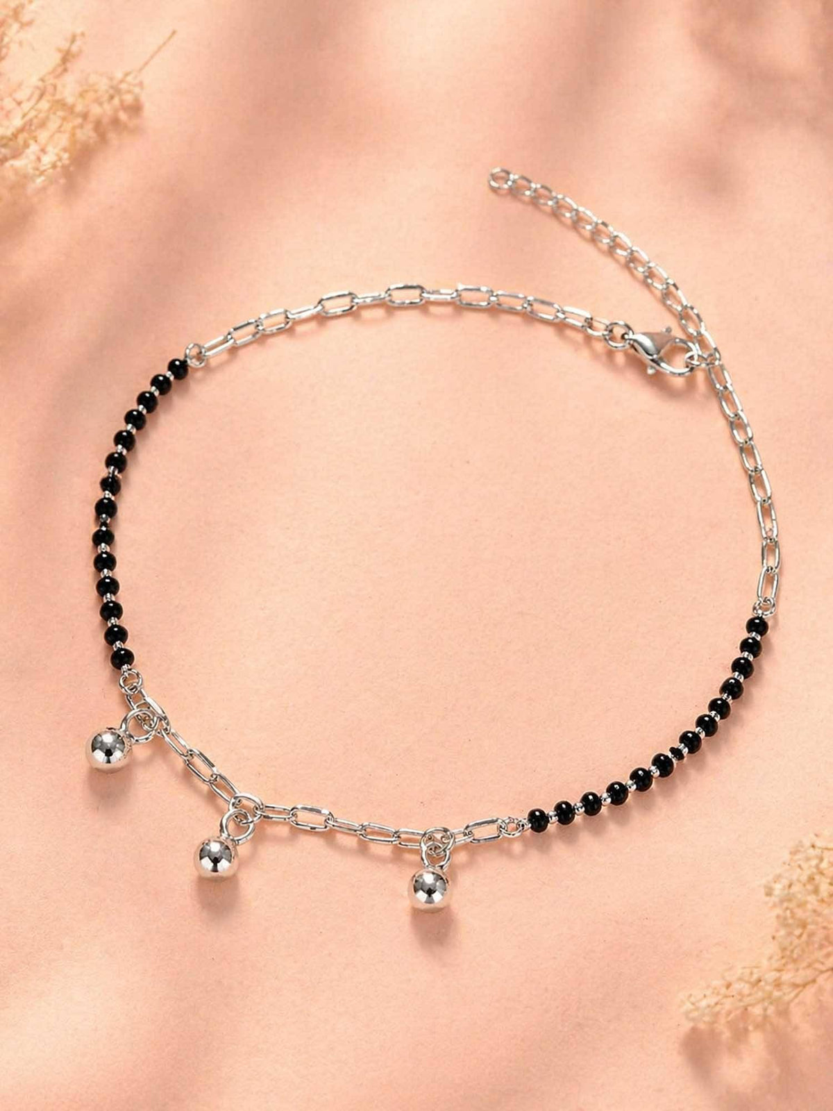 925 SILLER 925 Pure Silver Black Bead and Paperclip Chain Anklet