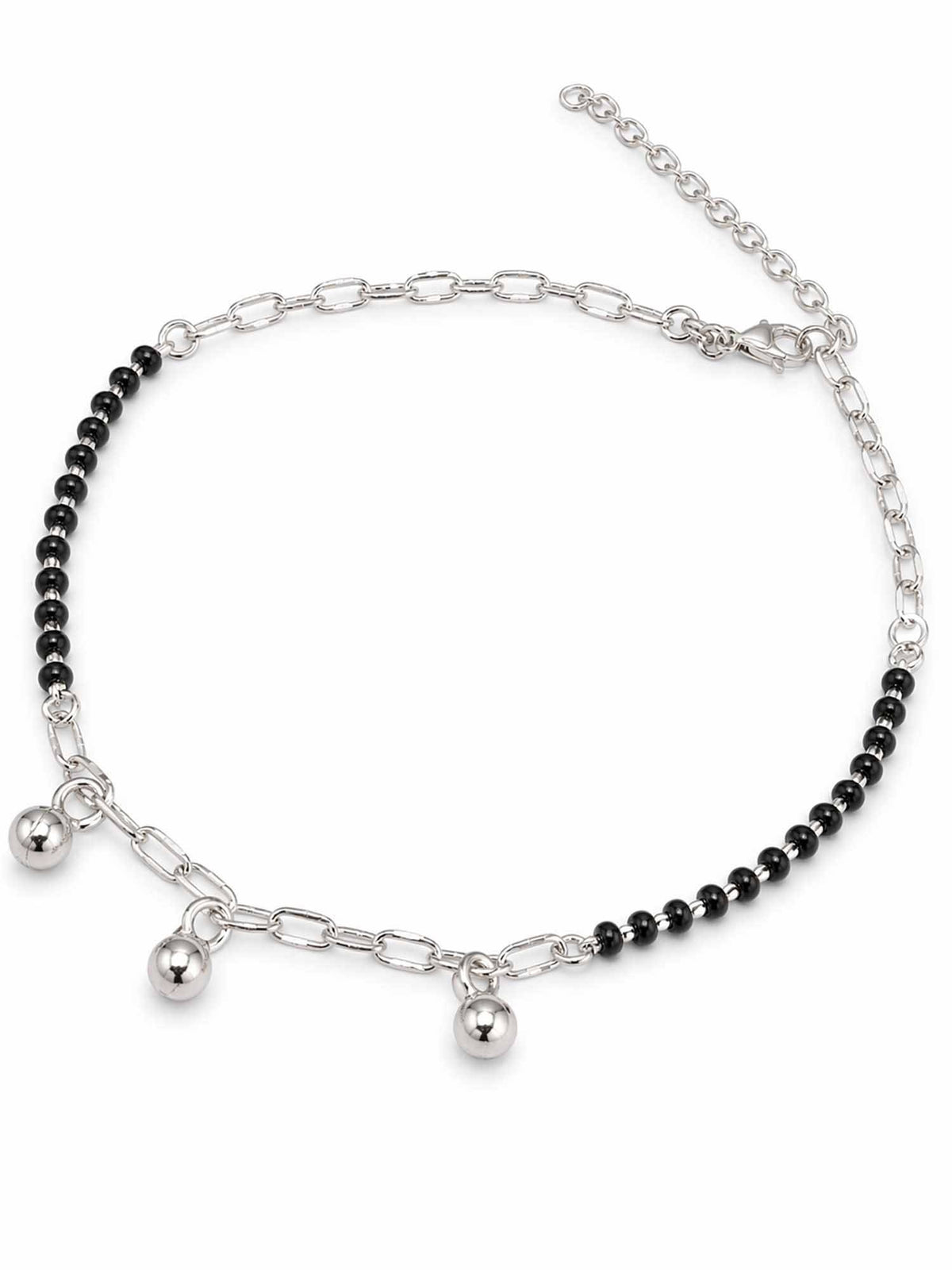 925 SILLER 925 Pure Silver Black Bead and Paperclip Chain Anklet