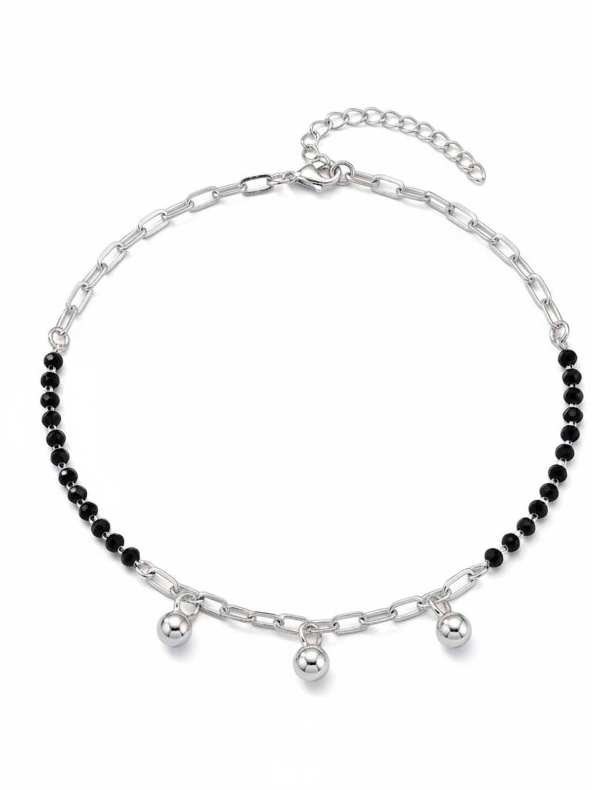 925 SILLER 925 Pure Silver Black Bead and Paperclip Chain Anklet