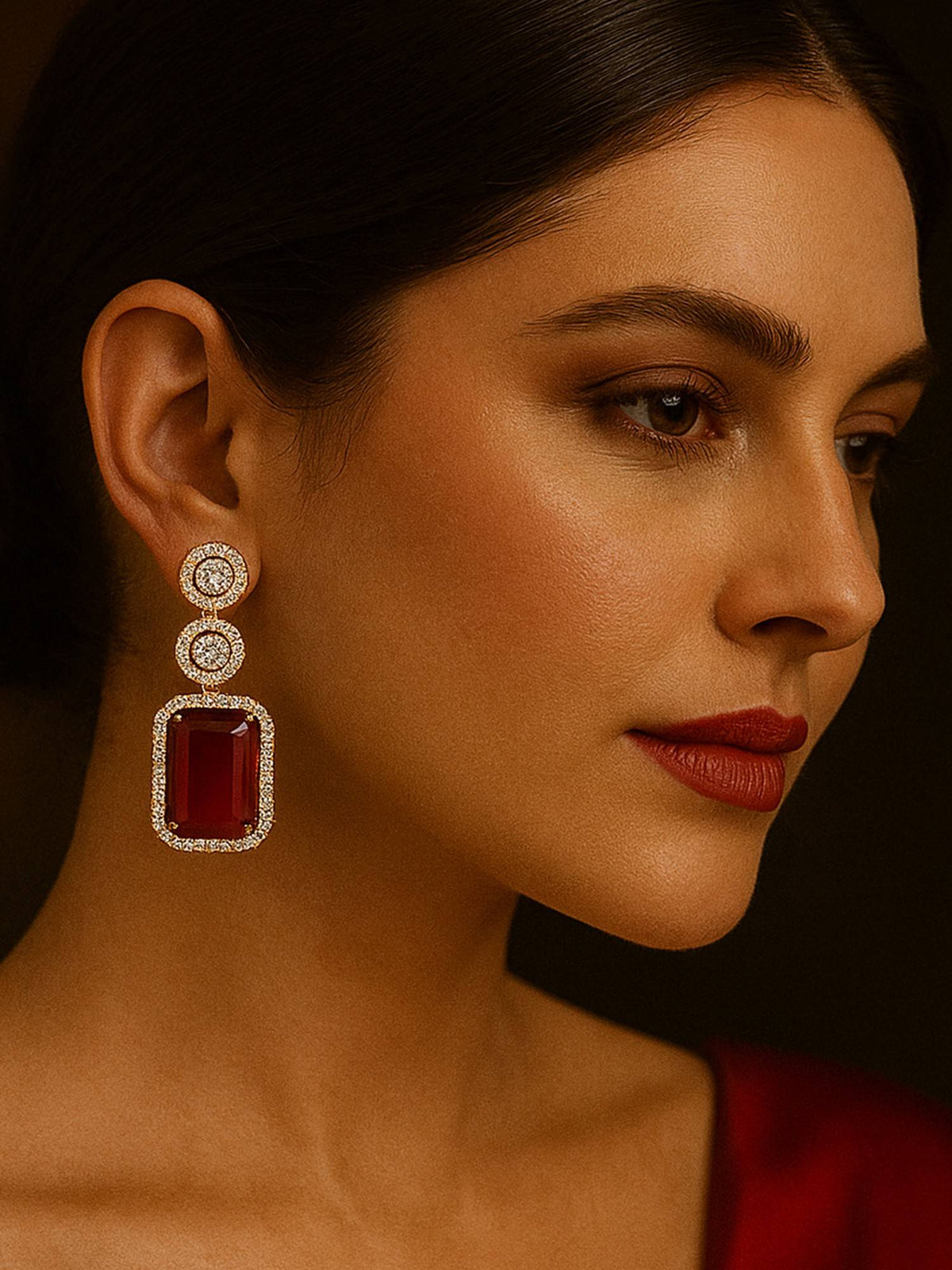 Abdesigns Gold Plated Ruby Red Diamond Earrings For Women