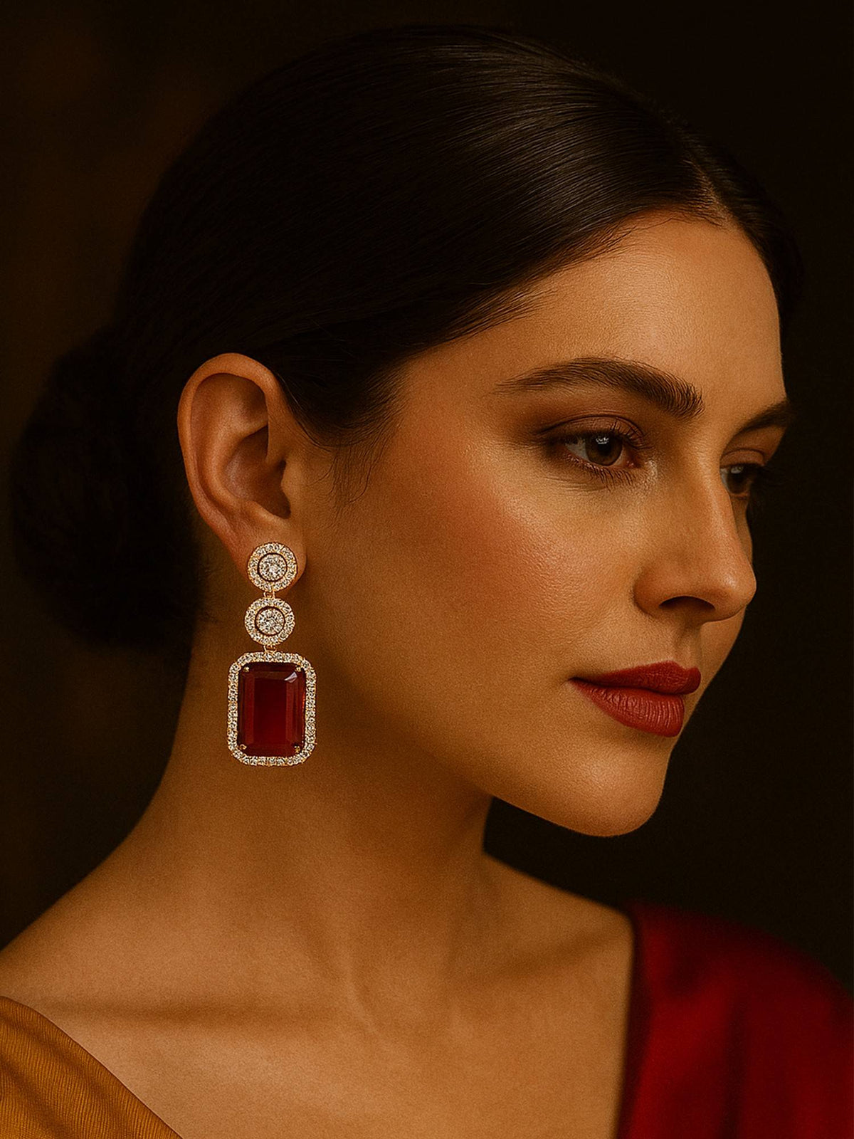 Abdesigns Gold Plated Ruby Red Diamond Earrings For Women