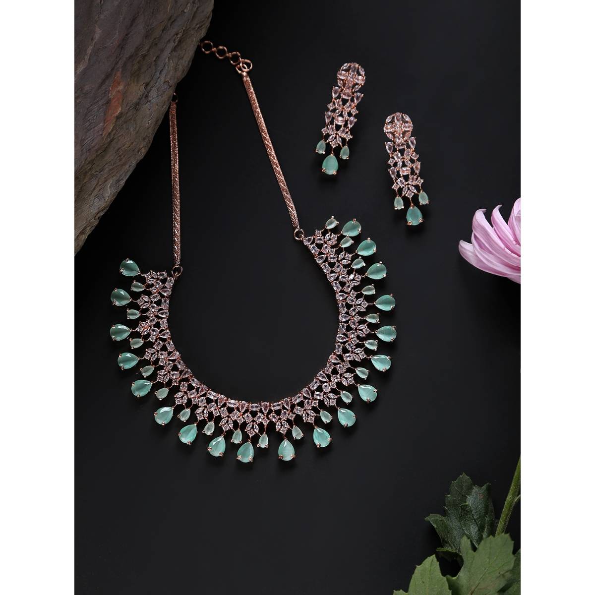 Aatmana Mint Green American Diamond Rose Gold Plated Jewellery Set · One Size