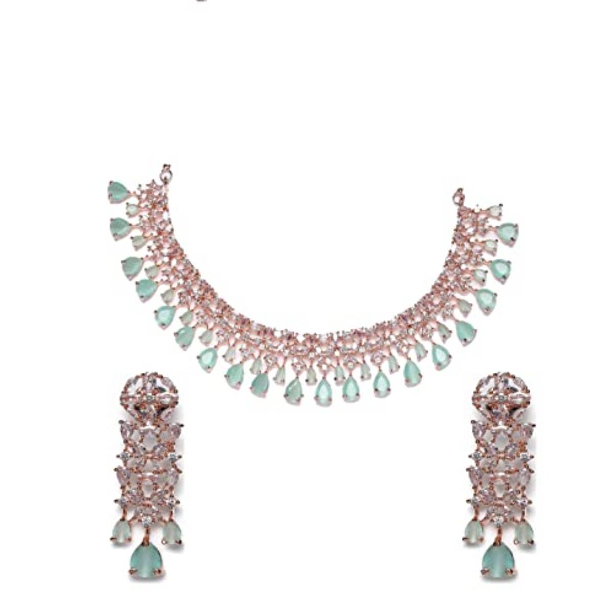 Aatmana Mint Green American Diamond Rose Gold Plated Jewellery Set