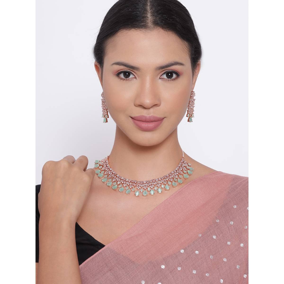Aatmana Mint Green American Diamond Rose Gold Plated Jewellery Set