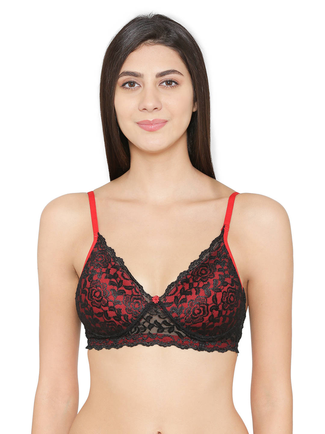 Abelino Bridal Black Red Lace Lightly Padded Push-up Bra - Black (28B) · 28B