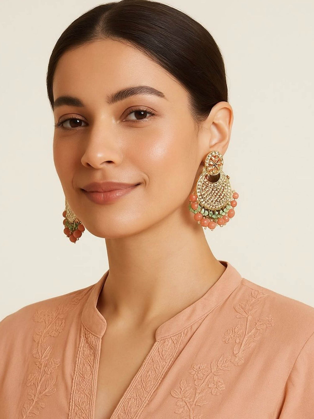 Aatmana Gold Plated Artificial Kundan Stones Chandbali Earrings