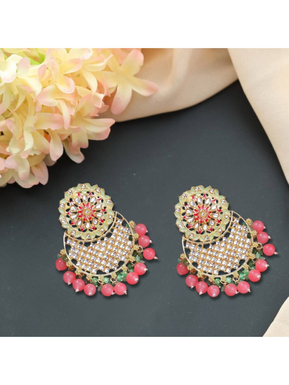 Aatmana Gold Plated Artificial Kundan Stones Chandbali Earrings