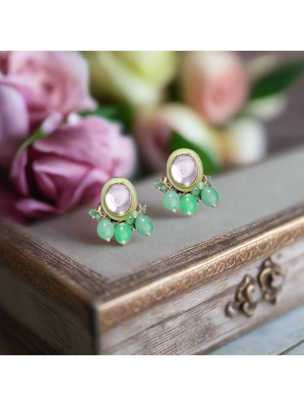 Aatmana Gold Plated Green Kundan Studded Drop Earrings