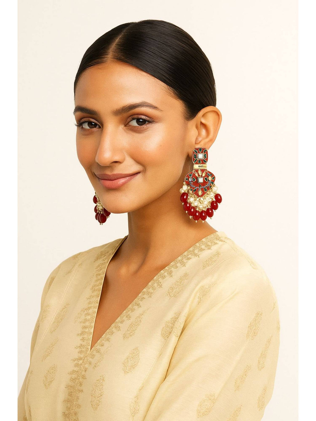 Aatmana Gold Plated Red Stones and Kundan Meenakari Drop Earrings · One Size