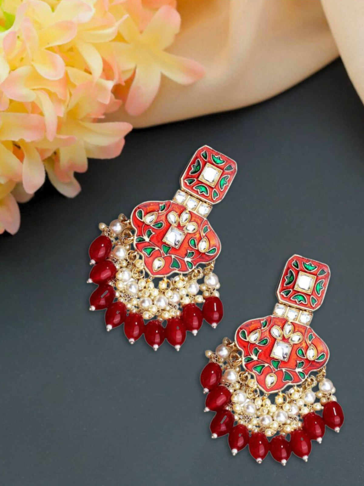 Aatmana Gold Plated Red Stones and Kundan Meenakari Drop Earrings