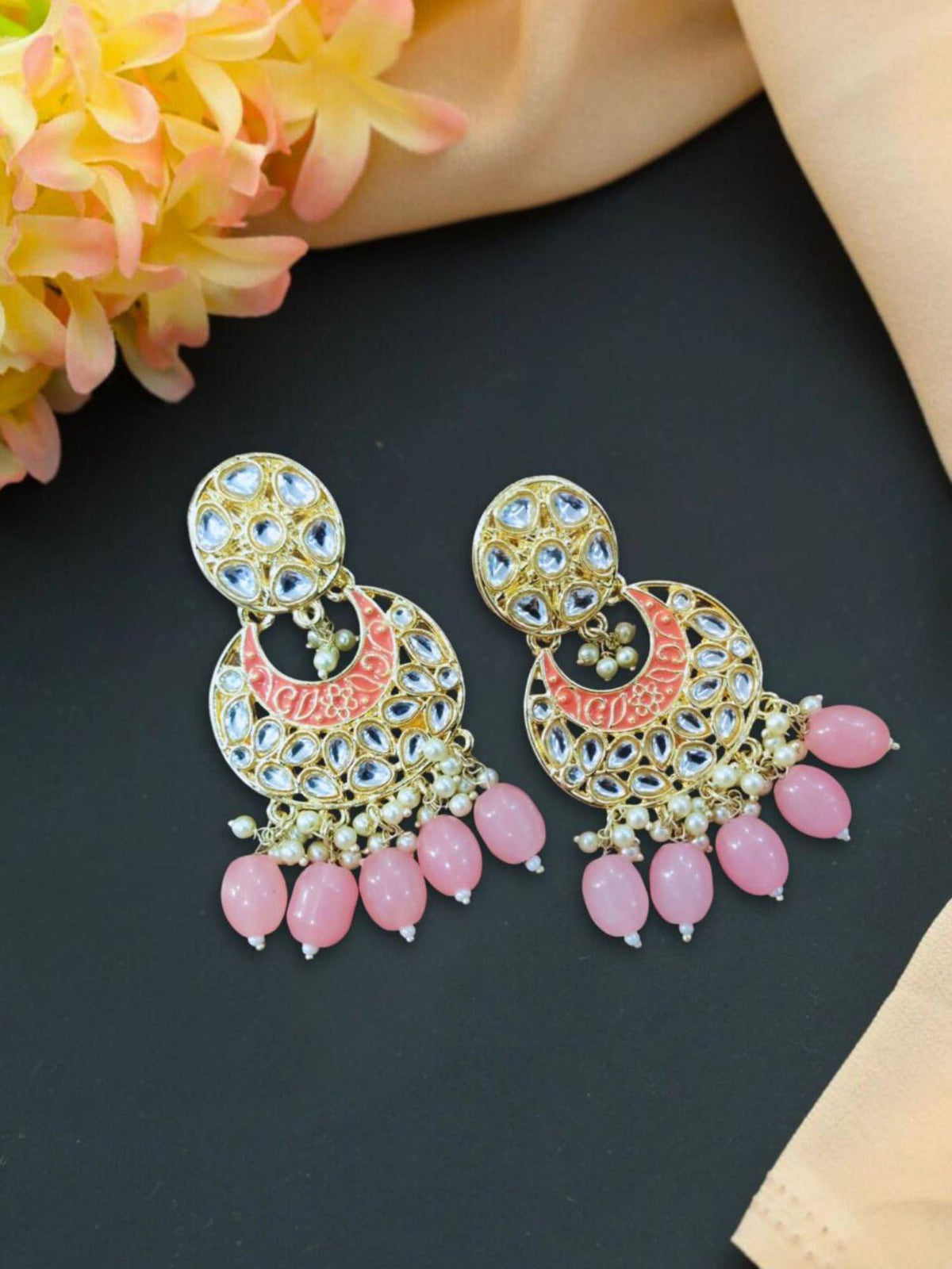 Aatmana Gold Plated Pink Kundan and Beaded Meenakari Chandbali Earrings