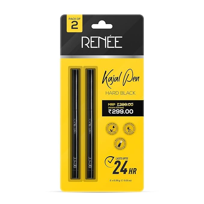 RENEE - Hard Black Kajal Pen with Sharpener 0.35gm, Pack Of 2