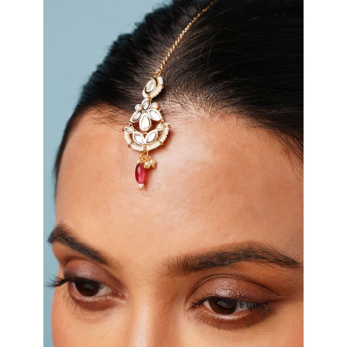 Abdesigns Red Elite Gold Plated Kundan Floral Maangtikka