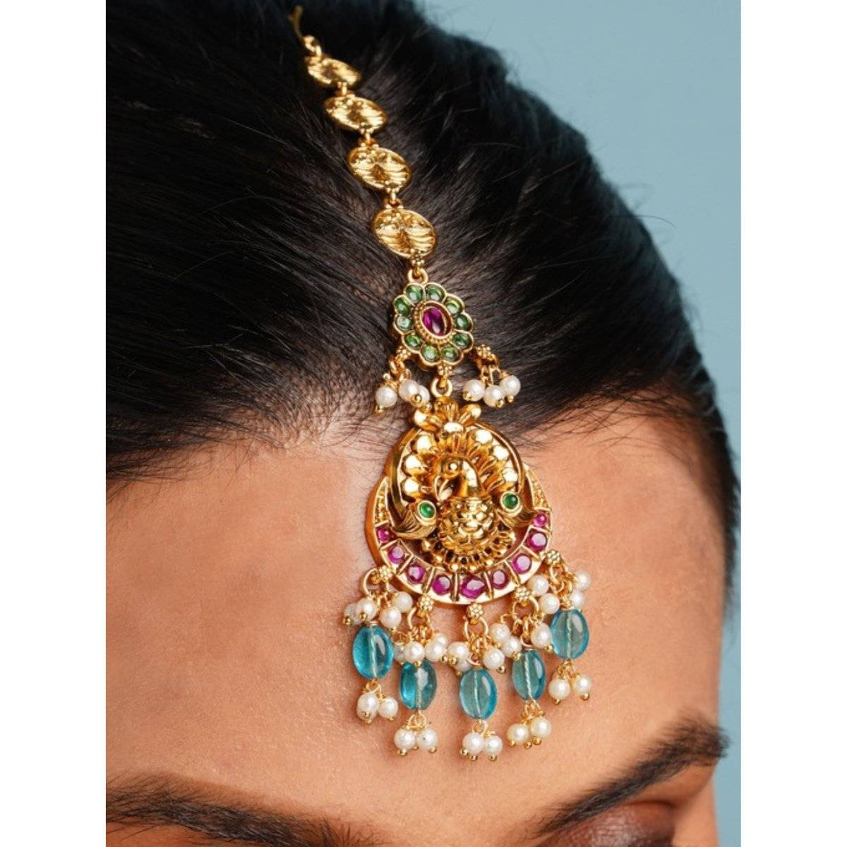 Abdesigns Elite Gold Plated Kemp Stone Studded Peacock Maangtikka