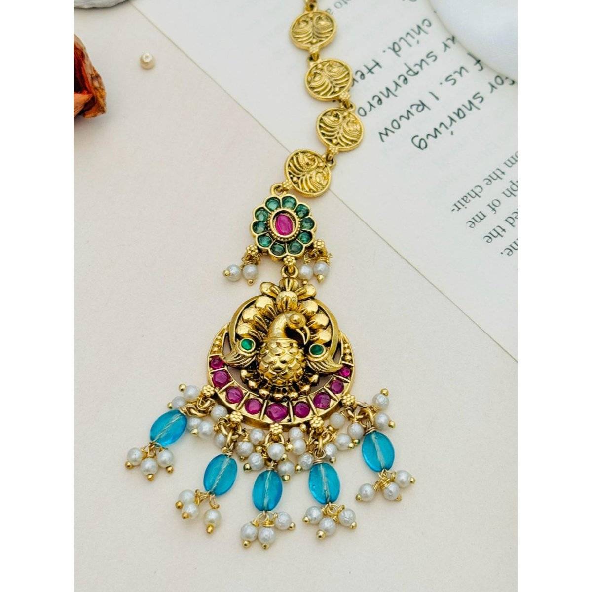 Abdesigns Elite Gold Plated Kemp Stone Studded Peacock Maangtikka