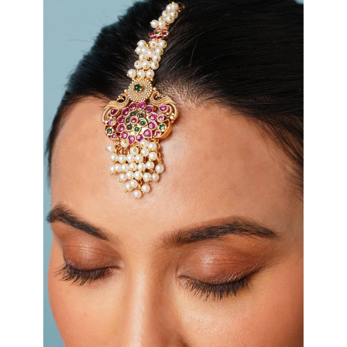 Abdesigns Multi-Color Elite Gold Plated Kemp Pearl Stone Maangtikka · One Size