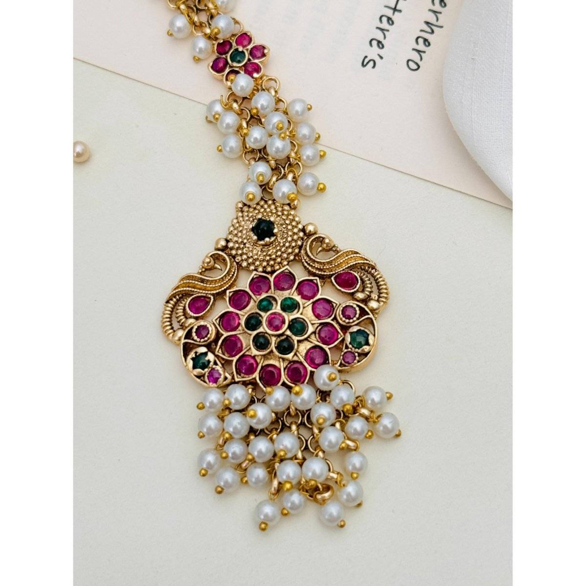 Abdesigns Multi-Color Elite Gold Plated Kemp Pearl Stone Maangtikka