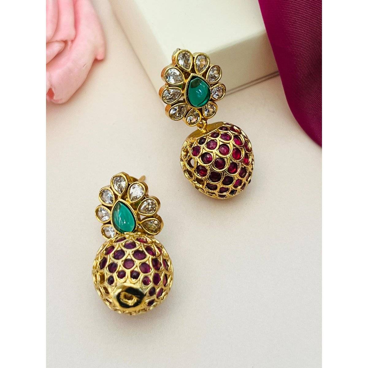 Abdesigns Multi-Color Elegant Gold Plated Polki Drop Earrings