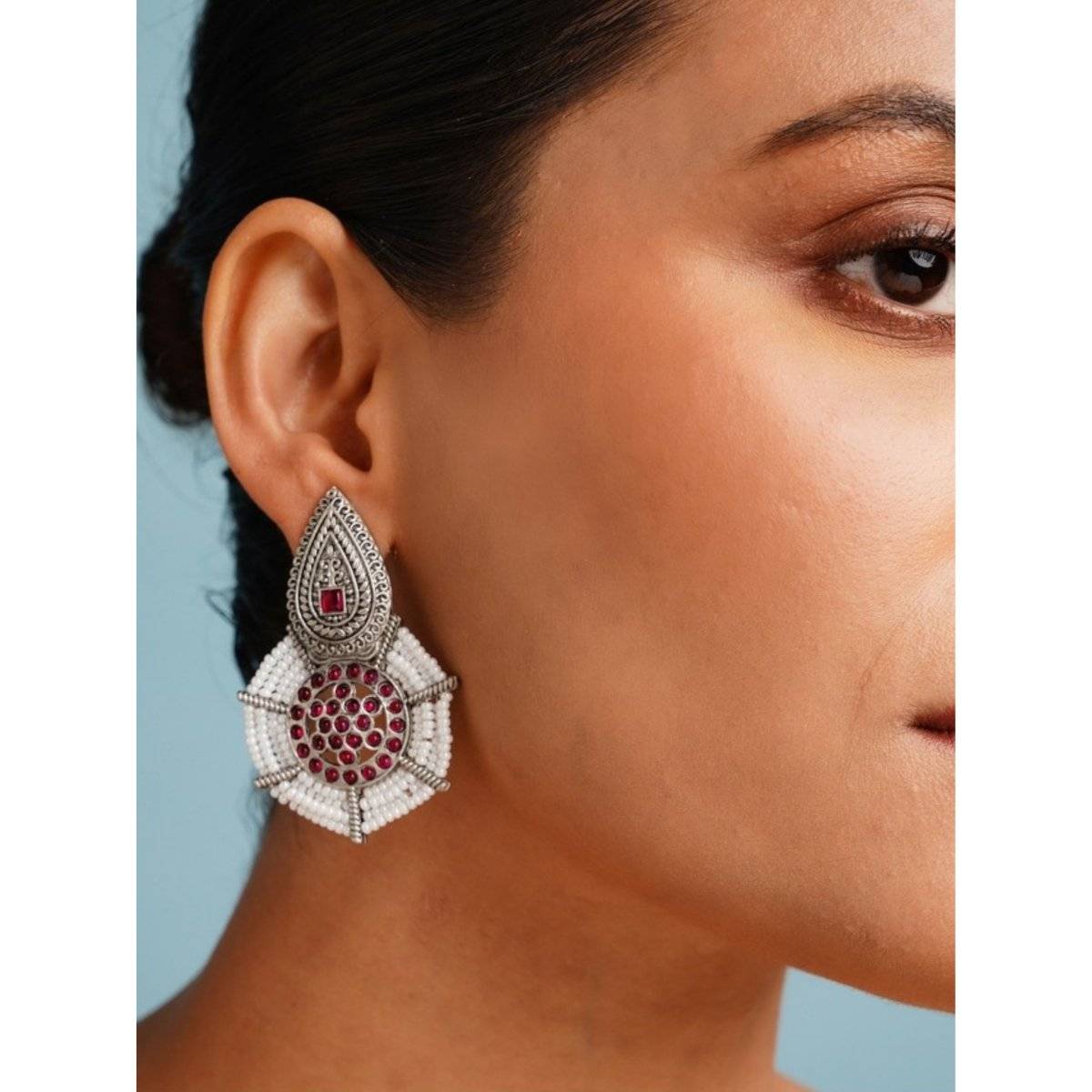 Abdesigns Red Elegant German Silver Plated Pearl Drop Earrings
