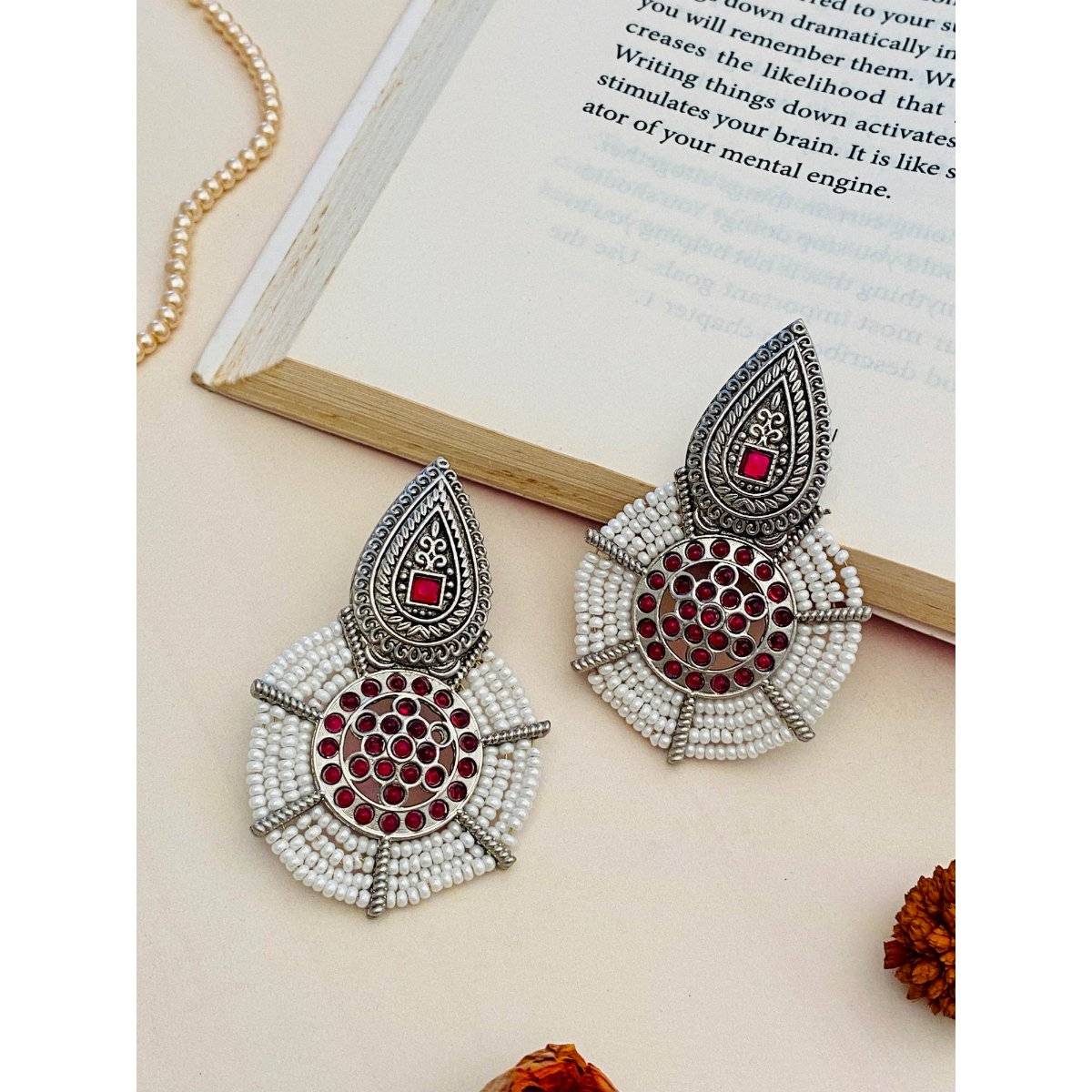 Abdesigns Red Elegant German Silver Plated Pearl Drop Earrings