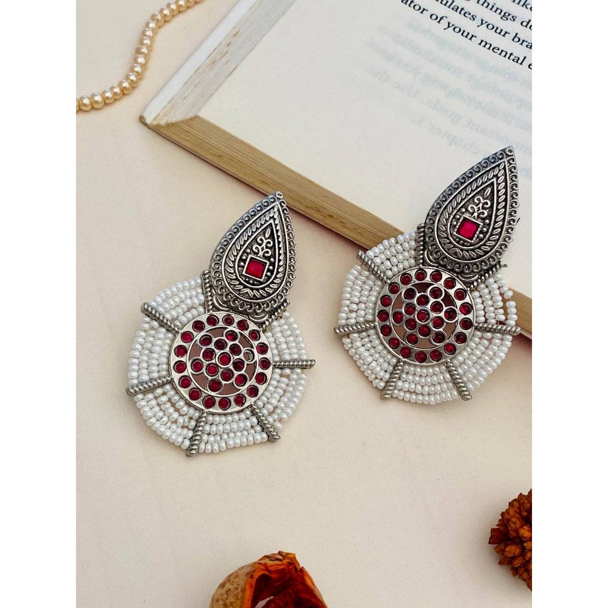 Abdesigns Red Elegant German Silver Plated Pearl Drop Earrings
