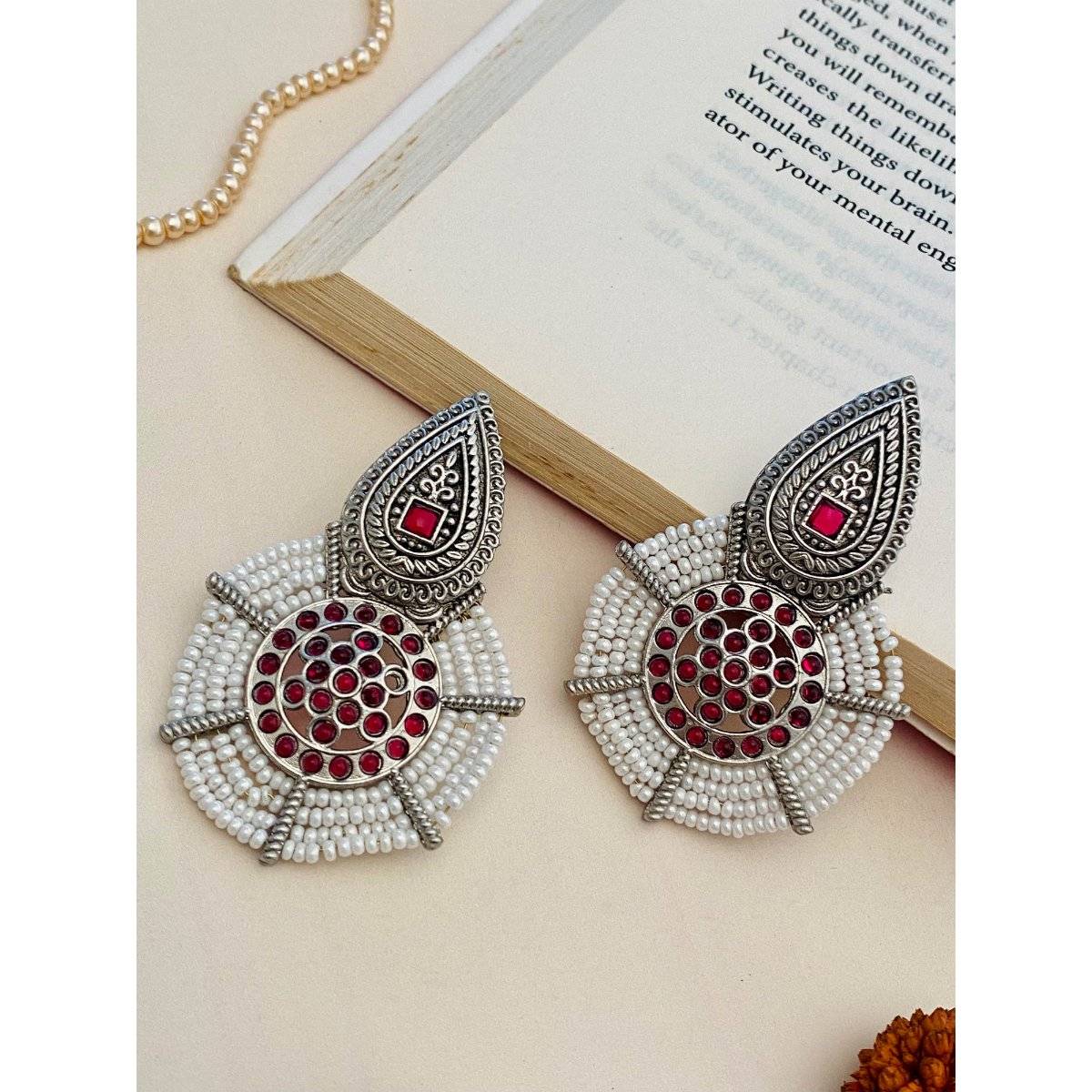 Abdesigns Red Elegant German Silver Plated Pearl Drop Earrings